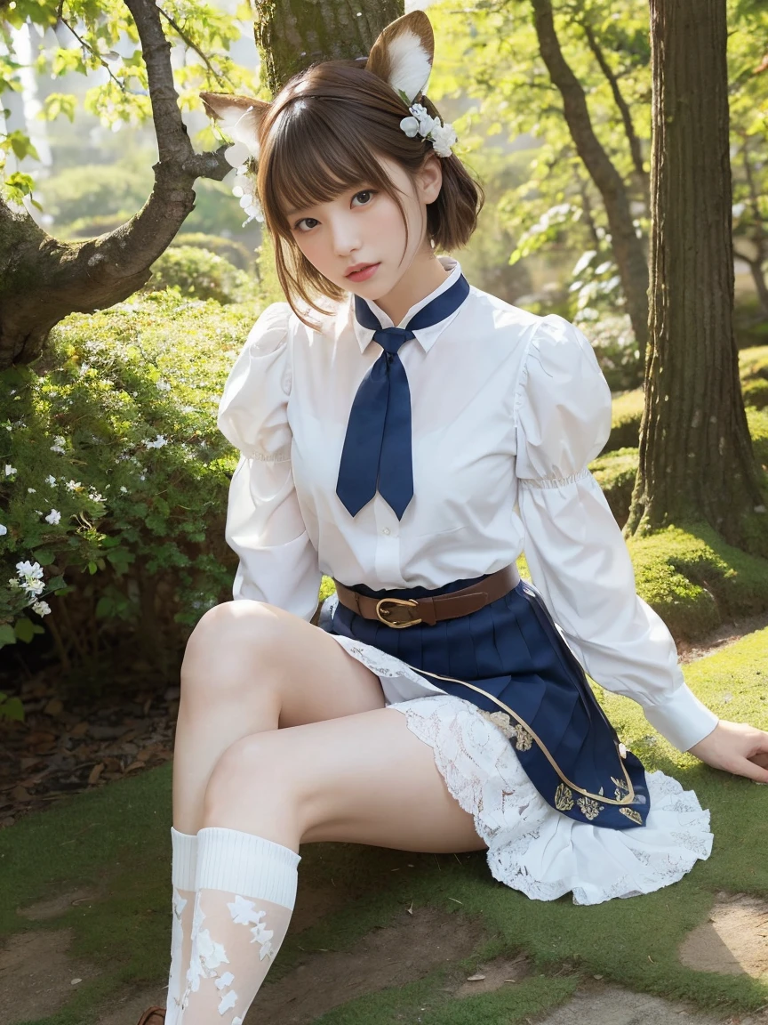 (1woman), short bob, 28 years old, Japanese, brown eyes, brown hair, slim figure, flat chest,
Blake
//Fashion
High school girl in an enchanted forest
The elegance of a Japanese high with whimsical elements inspired by deer, the outfit features a traditional navy blue pleated skirt that reaches mid-thigh, paired with a white blouse with a sailor collar decorated with delicate leaf embroidery in earth green, the blouse has puff sleeves for added femininity, the waist is tightened with a brown leather belt that imitates a forest ranger utility belt, and a navy blue tie with a small gold leaf pendant around the neck,
Blake
A realistic and delicately curved deer antler headband, accented with small flowers and moss for a fairy-tale feel, white knee-high socks with lace trim and brown ankle boots decorated with a leaf pattern,