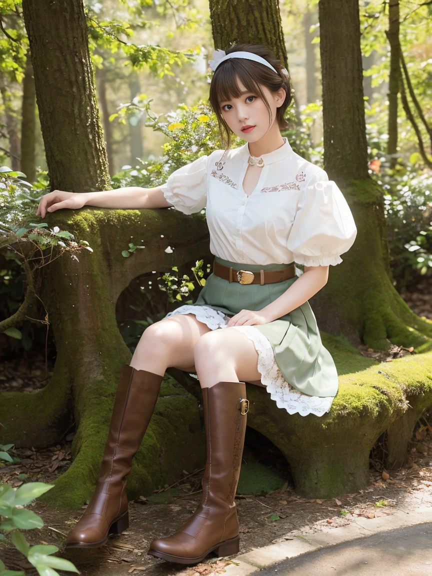 (1woman), short bob, 28 years old, Japanese, brown eyes, brown hair, slim figure, flat chest,
Blake
//Fashion
High school girl in an enchanted forest
The elegance of a Japanese high  with whimsical elements inspired by deer, the outfit features a traditional navy blue pleated skirt that reaches mid-thigh, paired with a white blouse with a sailor collar decorated with delicate leaf embroidery in earth green, the blouse has puff sleeves for added femininity, the waist is tightened with a brown leather belt that imitates a forest ranger utility belt, and a navy blue tie with a small gold leaf pendant around the neck,
Blake
A realistic and delicately curved deer antler headband, accented with small flowers and moss for a fairy-tale feel, white knee-high socks with lace trim and brown ankle boots decorated with a leaf pattern,