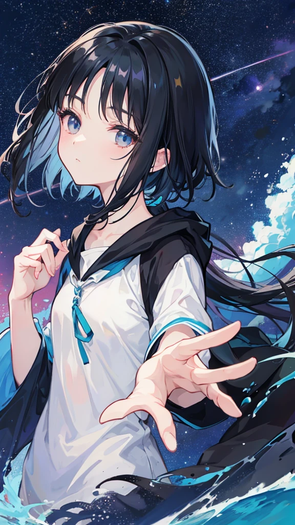 A cool black-haired Ghibli-style character looking at the night sky and reaching out towards us