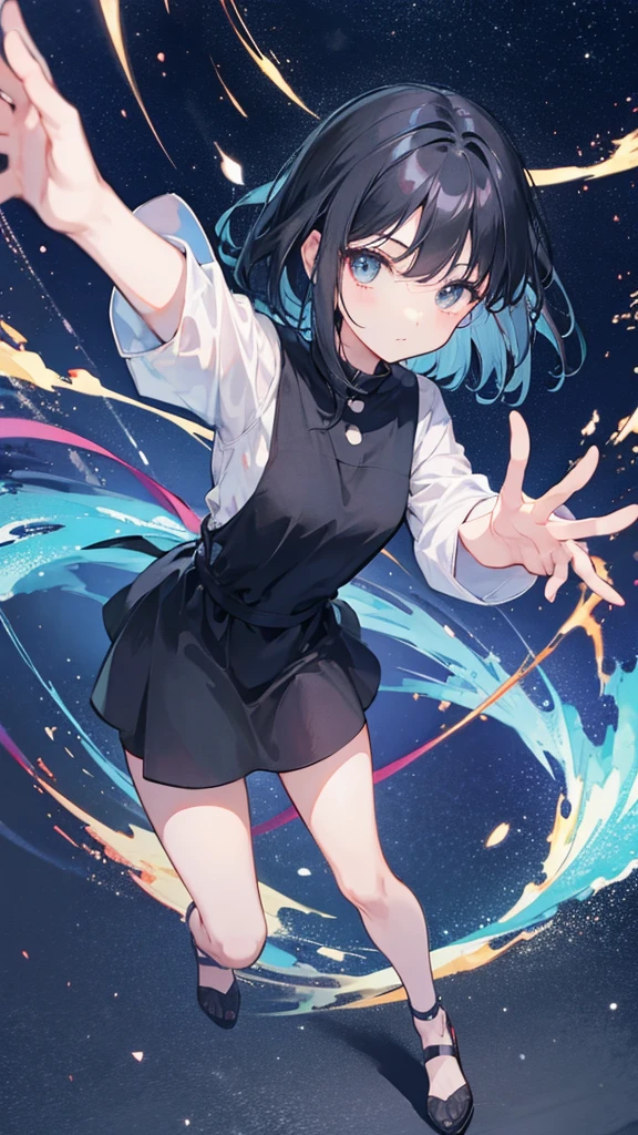 A cool black-haired Ghibli-style character looking at the night sky and reaching out towards us