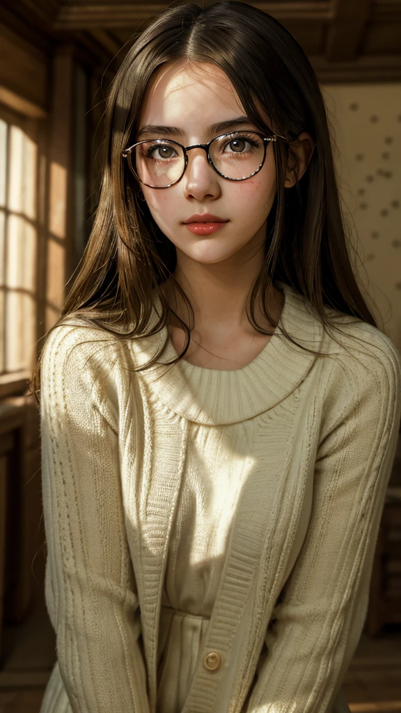 (Highest quality, masterpiece), One girl, Speckled sunlight, indoor, Glasses, shy, 1 girl, Young girl, (It gives me goosebumps:0.7), Beautiful Face, (eyeliner, lipstick:0.9), 4K, 8k, 超High resolution, High resolution, detailed background, background