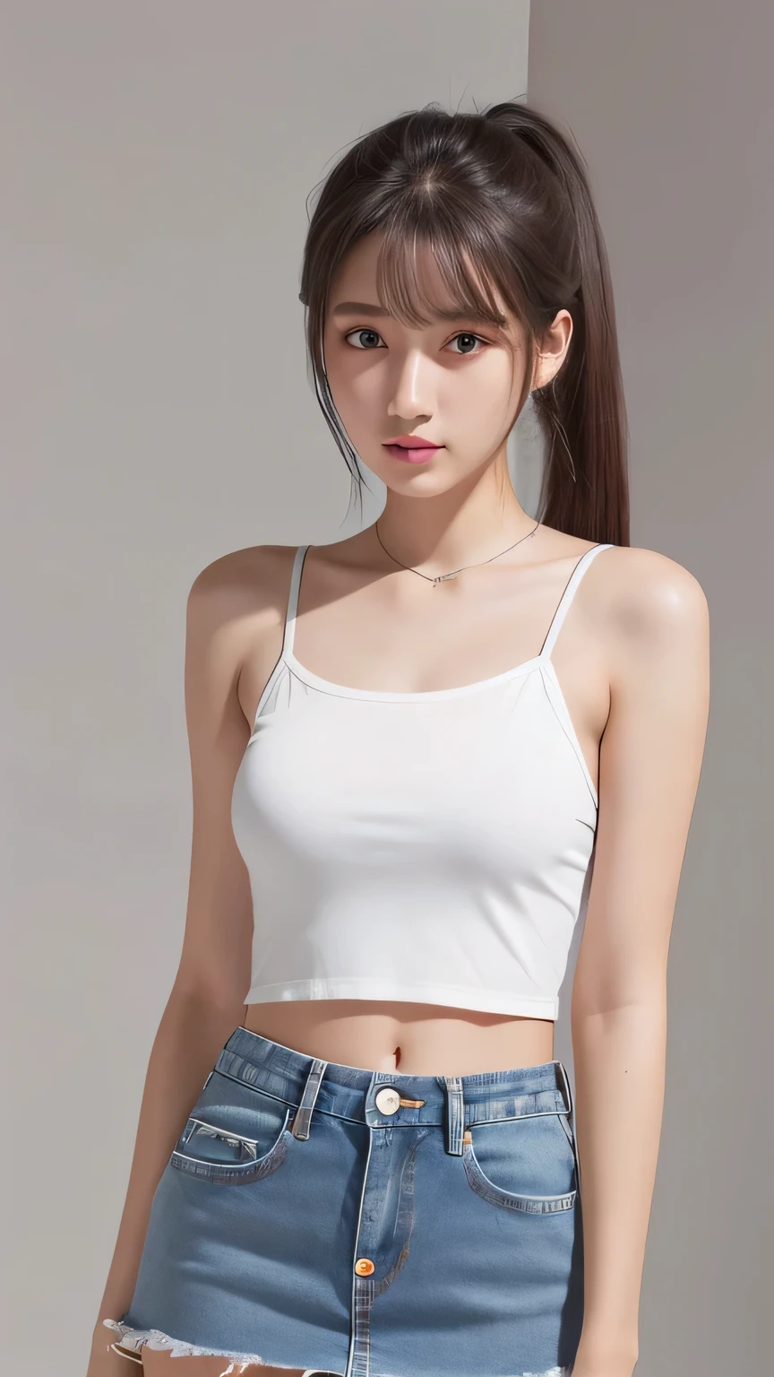 highest quality、Realistic、girl、10th Generation、zoom、Gray Eyes、Maroon ponytail、White tank top、Denim mini skirt、slender、Dark Skin、Bust Shot、
