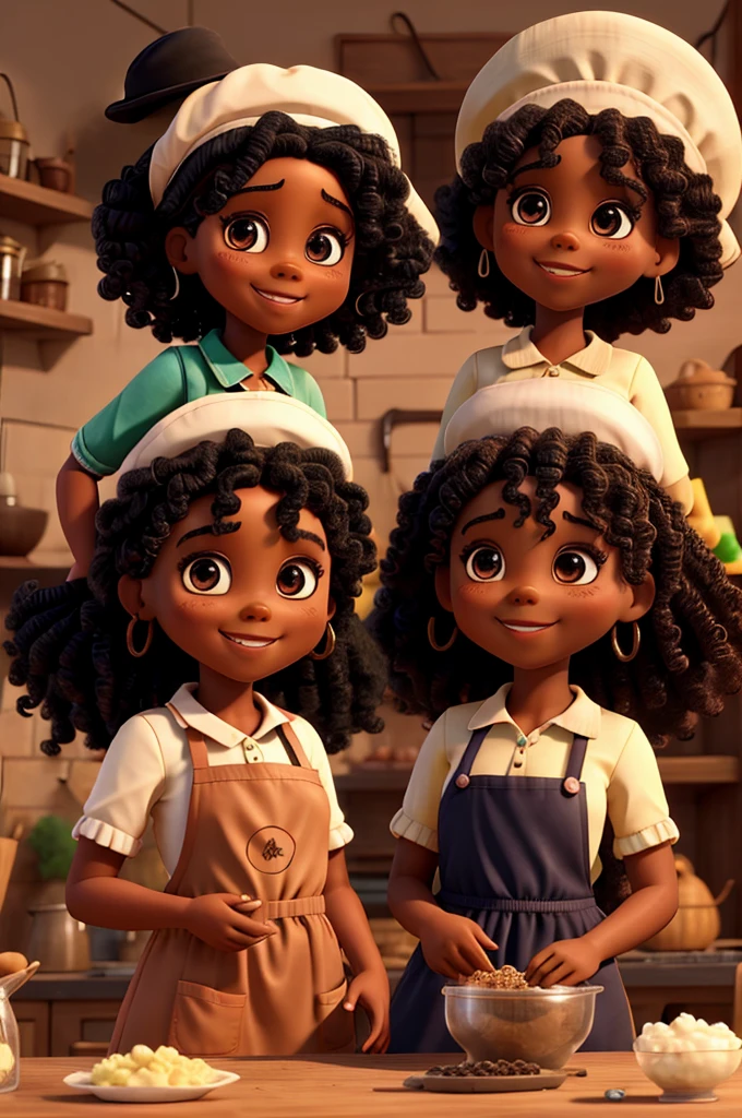Two black dolls with curly hair, Grinning, with apron and confectioners hat making sweets
