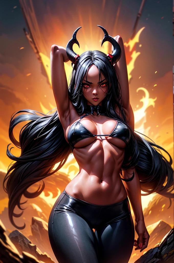 masterpiece, super detailed, high resolution, precision art, highly seductive anime girl. sexy and alluring, flawless dark red demonic skin, succubus, symmetrical face, beautiful olive eyes, flowing black hair, her very presence oozes seduction and allure, S-shaped body, black onyx colored horns jutting out her forehead, heart shaped tail protruding from her back, sexy and arousing slender and thin yet chiseled with enticing breasts, intricate and beautiful heart shaped tattoo engraved on her stomach, wearing spaghetti strap crop-top and form-fitting leggings that accentuate her round ass, hip-level shot