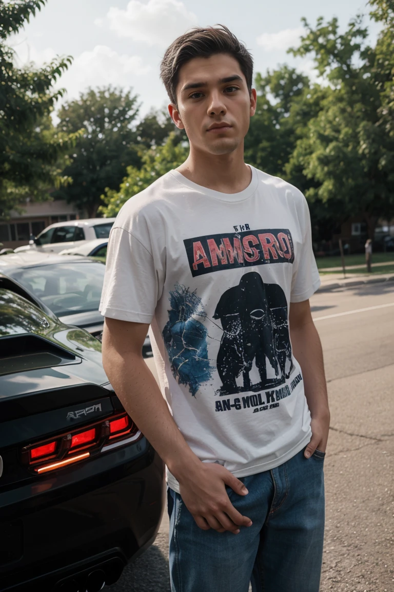 20 year old man behind a 2018 Camaro wearing a formal t-shirt