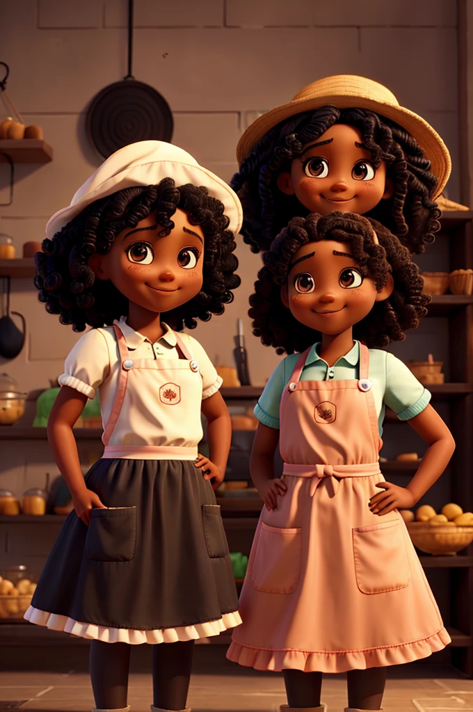Two black dolls with curly hair, Grinning, with apron and confectioners hat making sweets
