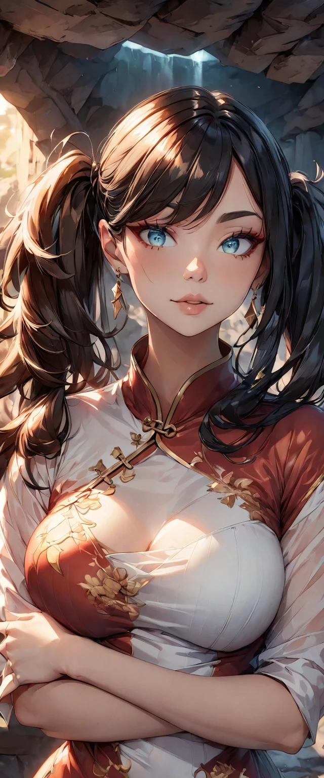 Photo of a woman with natural skin, Upper Body, Seaside cave, The light is shining in, High Twintails, Black hair with red mesh, Sharp eyes with red eyeshadow, Blue-green eyes, Shining eyes, A thin, upturned nose, Well-shaped lips, Big Breasts, ((China dress)), barefoot, Makeup, Exquisitely crafted with the utmost attention to detail, Vibrant, amazing, Smooth, Cinematic, 4K, Backlight, (()), Shallow depth of field, ((Detailed eyes:1.3, Detailed lips:1.3, high quality, )), masterpiece, Super detailed images, High quality