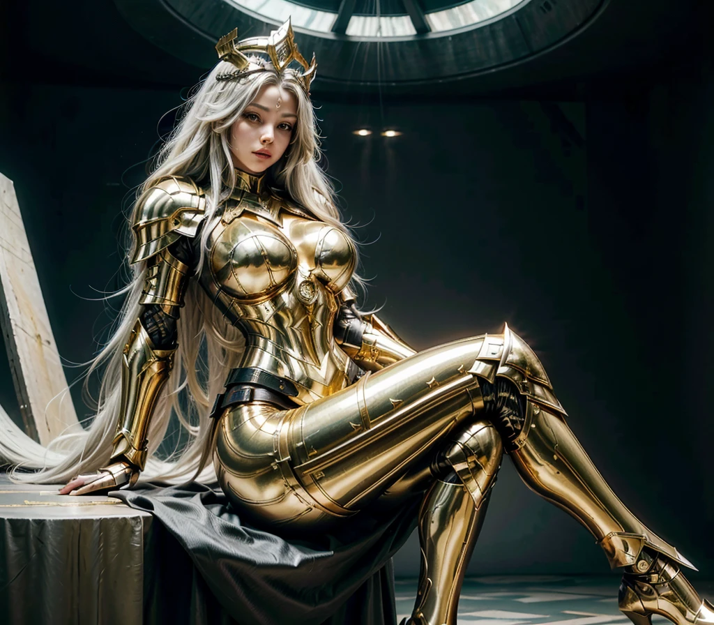 Sitting woman attractive face beautiful full body, thick legs, hips. Goddess with long white hair, on her head crown, wearing iron home-style armor, futuristic. Templar armor with gold details open neckline, details: 1.2) 4K ultra HD, digital SLR, soft lighting, high quality