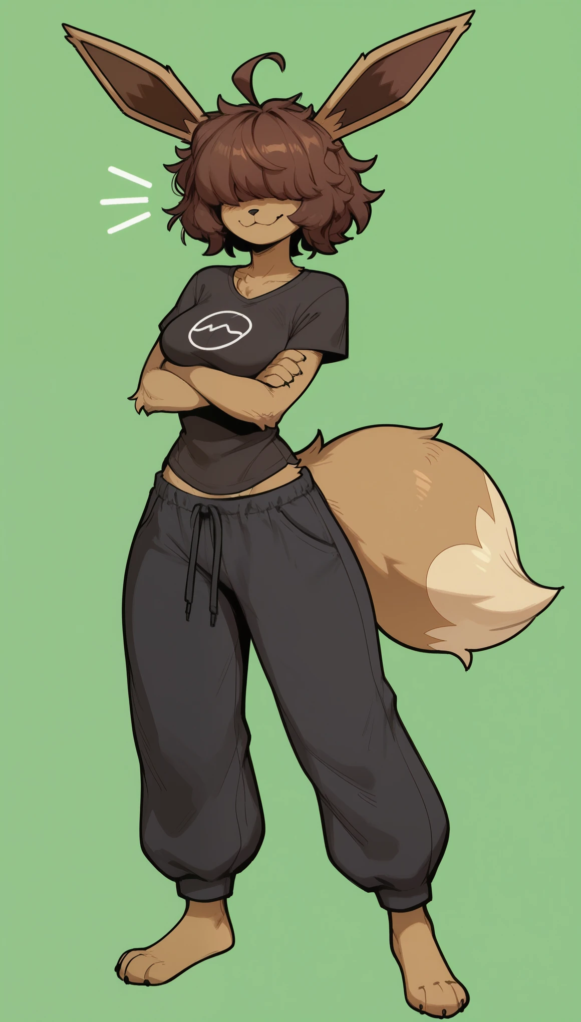 Excited expression, 1girl, anthro, furry, fur, fluffy fur, eevee girl, brown hair, short hair, messy hair, (19 years), medium breast, thicc thighs, solo, (green background), detailed, smug smile, (hair covering eyes), black shirt, baggy pants (black pants), looking at the viewer, crossed arms, (full body), score_9, score_8_up, score_7_up, score_6_up, score_5_up, score_4_up