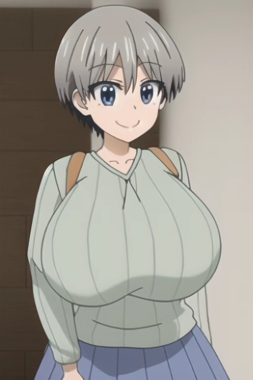 1 girl,宇崎花,short hair,Blue eyes,hits,skin canine,gray fur,canine,hair between the eyes,big breasts,
pleated skirt,blue skirt,green sweater,long sleeves,clavicle,ribbed sweater,v neck,green shirt,
schoolbag,, exquisite visuals, High Definition,Masterpiece,Best Quality,big smile, giant breasts,