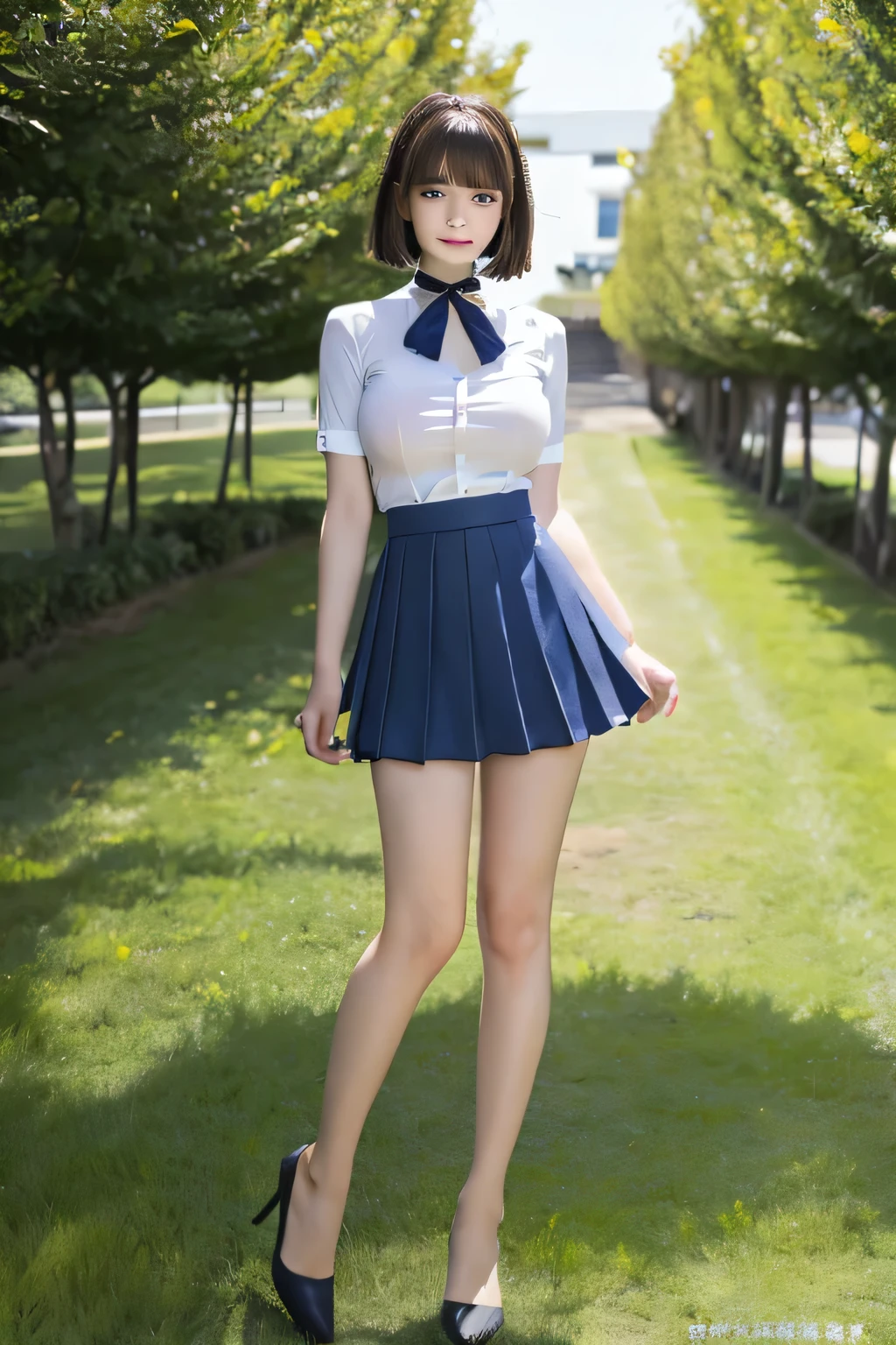 Highest quality, masterpiece, Idol Group、((Layered Haircut)),（8k，Highest quality），Full Body Shot，Shot from medium distances，student，Tight white open-neck shirt、Wear a navy blue pleated mini skirt，Full body photo、 Adorable，smile, Light brown hair， 32k, Best image quality，Ultra-high resolution，Perfect hands，Black choker、blue eyes、bangs、Very profuse and very long eyelashes、uniform, grass、garden、Summer clothes、((Big Breasts))、