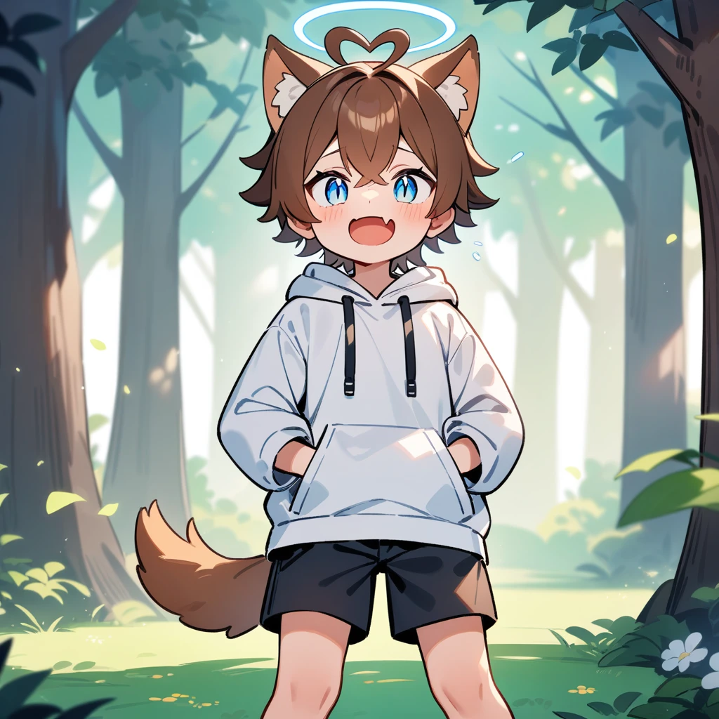 (masterpiece:1.2,high quality),4K,High resolution,A seven-year-old boy,cute boy, brown hair,short hair,crossed bangs,light blue eyes,slit pupils,heart ahoge,halo,cat ears,laughing,skin fang,Wearing a white hoodie,Black shorts,Stand in the forest,There are flowering trees on both sides.,primary school student,thigh,alone,dog tail,(Put your hands in your pockets),((Put your hands in your pockets))