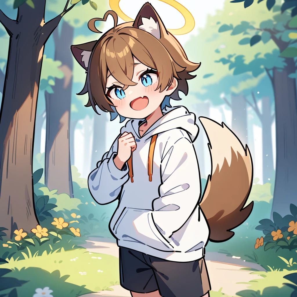 (masterpiece:1.2,high quality),4K,High resolution,A seven-year-old boy,cute boy, brown hair,short hair,crossed bangs,light blue eyes,slit pupils,heart ahoge,halo,cat ears,laughing,skin fang,Wearing a white hoodie,Black shorts,Stand in the forest,There are flowering trees on both sides.,primary school student,thigh,alone,dog tail,(Put your hands in your pockets),((Put your hands in your pockets))