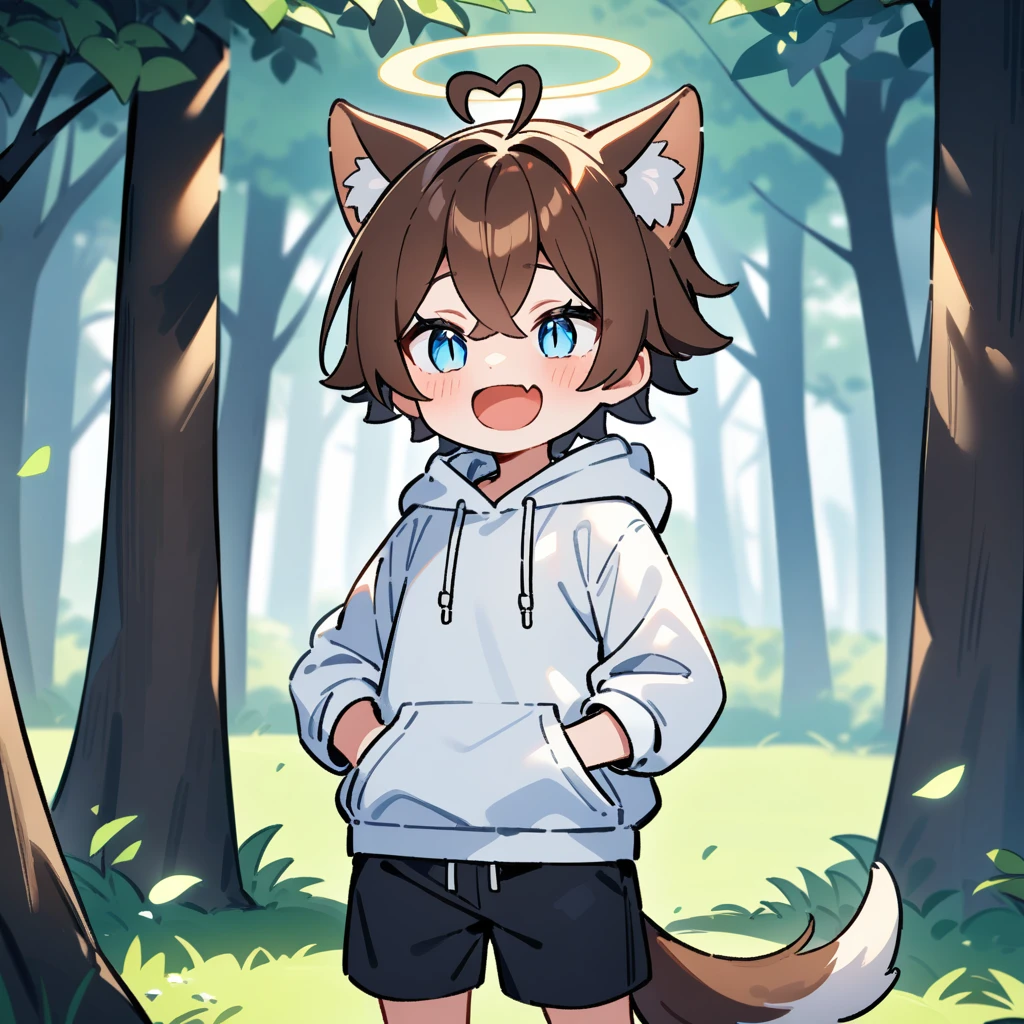 (masterpiece:1.2,high quality),4K,High resolution,A seven-year-old boy,cute boy, brown hair,short hair,crossed bangs,light blue eyes,slit pupils,heart ahoge,halo,cat ears,laughing,skin fang,Wearing a white hoodie,Black shorts,Stand in the forest,There are flowering trees on both sides.,primary school student,thigh,alone,dog tail,(Put your hands in your pockets),((Put your hands in your pockets))