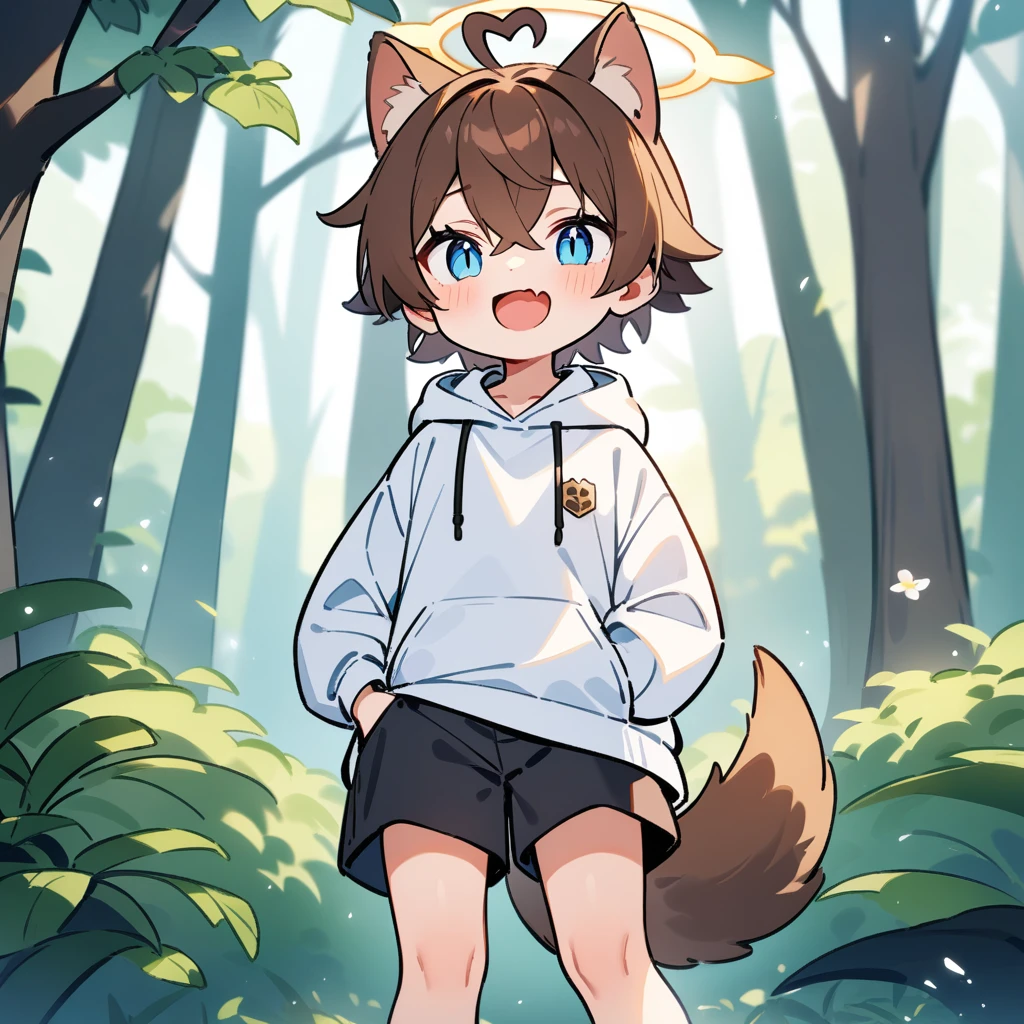 (masterpiece:1.2,high quality),4K,High resolution,A -year-boy,c boy, brown hair,short hair,crossed bangs,light blue eyes,slit pupils,heart ahoge,halo,cat ears,laughing,skin fang,Wearing a white hoodie,Black shorts,Stand in the forest,There are flowering trees on both sides.,primary scho,dog tail,(Put your hands in your pockets),((Put your hands in your pockets))