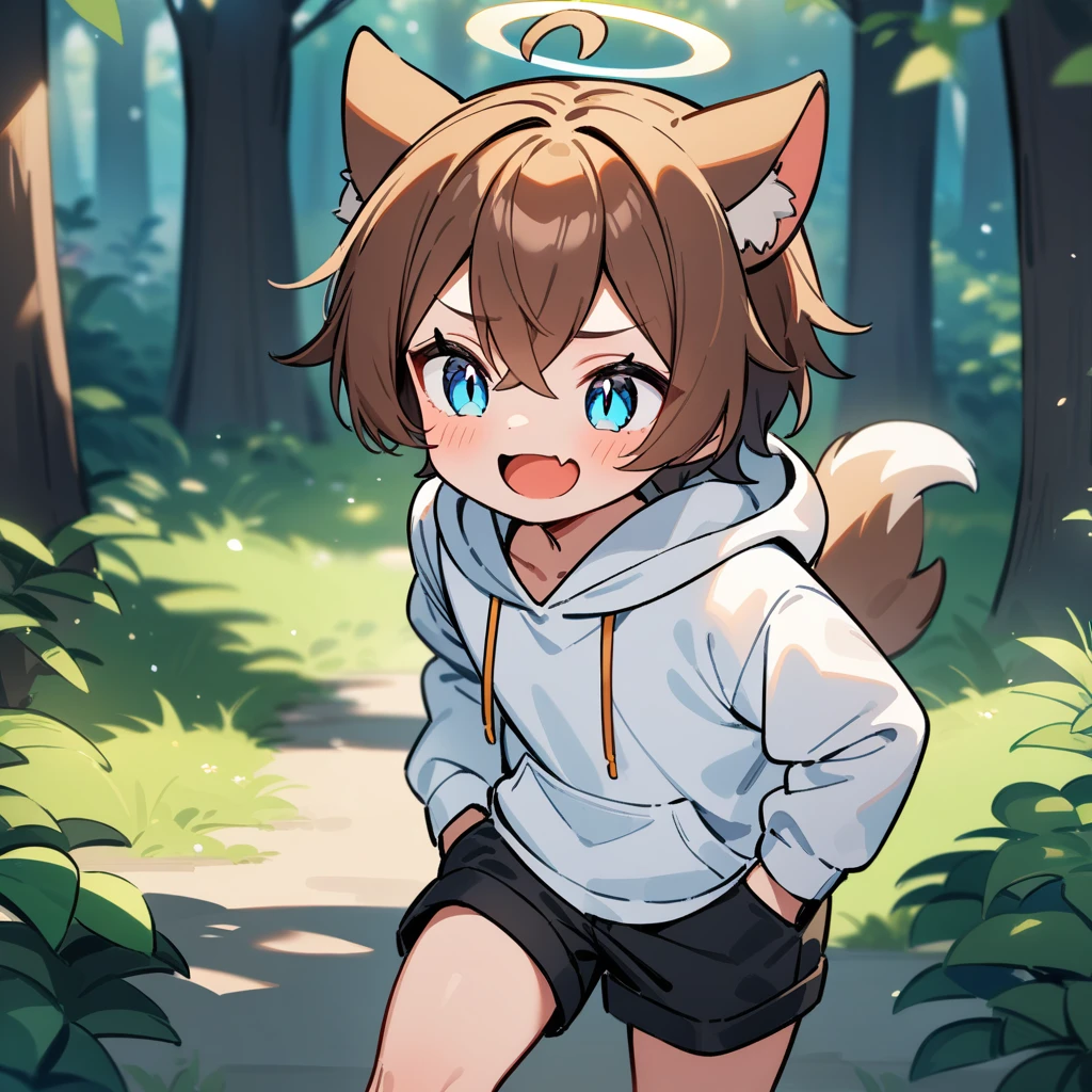 (masterpiece:1.2,high quality),4K,High resolution,A seven-year-old boy,cute boy, brown hair,short hair,crossed bangs,light blue eyes,slit pupils,heart ahoge,halo,cat ears,laughing,skin fang,Wearing a white hoodie,Black shorts,Stand in the forest,There are flowering trees on both sides.,primary school student,thigh,alone,dog tail,(Put your hands in your pockets),((Put your hands in your pockets))