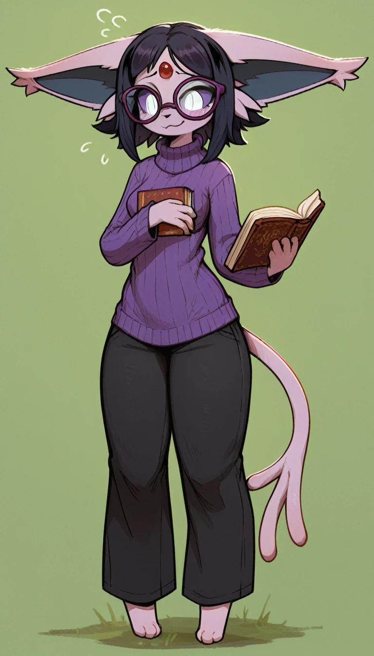 Excited expression, 1girl, anthro, furry, fur, fluffy fur, espeon girl, purple hair (black highlights), purple sclera, white eyes, pony tail hair, straight hair, (19 years), medium breast, thicc thighs, solo, (green background), detailed, smug smile, purple glasses, purple turtle neck sweater, baggy pants (black pants), holding books, nervous, shy, looking at the viewer, (full body), score_9, score_8_up, score_7_up, score_6_up, score_5_up, score_4_up