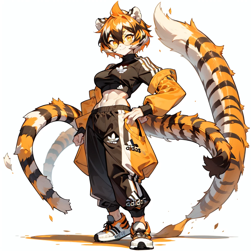 white background, full body,1girl，solo, Standing, animal ears, white hair, black hair, short hair, large breasts, Abdominal muscles,, tail, orange eyes, orange hair, multicolored hair, tiger girl, hair between eyes, tiger_ears, tiger_tail, orange-tinted_eyewear, tinted_eyewear, big breasts, evil smile, Shadows under feet,  (((Adidas outfit:1.2))),