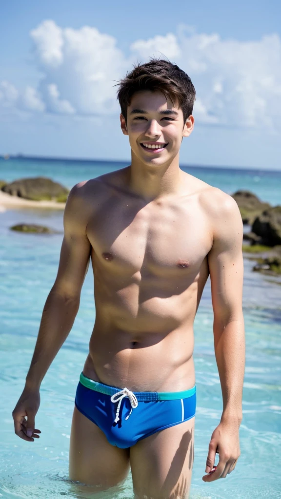 male Age 22 swimwear topless smile