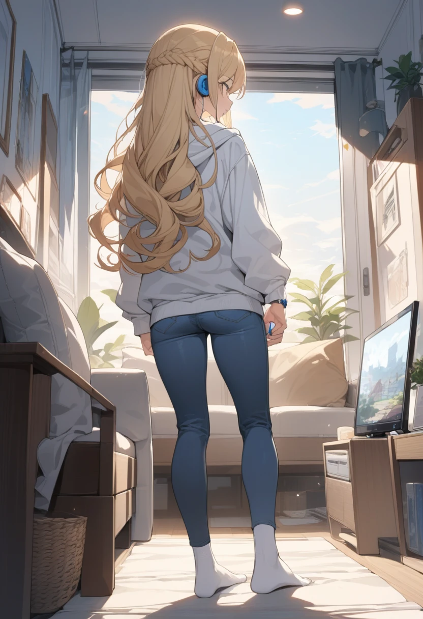 masterpiece, best quality, extremely detailed, ultra detailed, flat anime, 2D,
1girl, (young adult:1.2),blonde hair, (semi-long hair:1.2), curly hair, french braid, medium breasts, tsurime, height 1.7meters,
white hooded sweatshirt, jeans, earring,bracelet, long sleeves, ((Bluetooth small earphone)),socks,
looking to the right.,
from behind, full body,
summer, livingroom, 12AM., standing