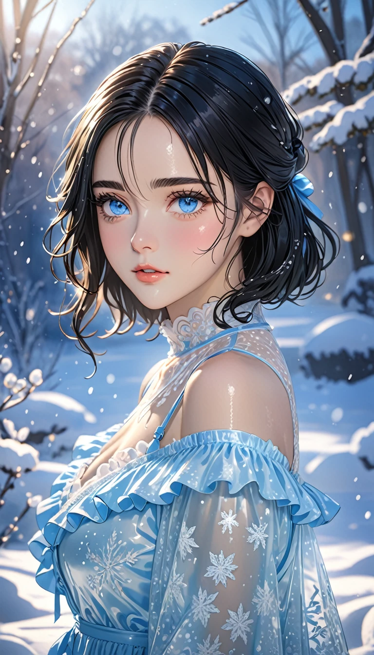 (((masterpiece))),best quality,illustration,4k wallpaper,movie lighting,absurd,1 girl,(snow,ice),in winter,(((black hair))),long bob,shiny hair,curls,(((blue eyes:1.9))),transparent clothes,frills,lace,wet clothes,leave_Shoulder,hair tie,masterpiece,telephoto lens,absurd,Exquisite face,features,natural light,soft light,(Seven-part combination),epic,Dreamy and magical,mystery,