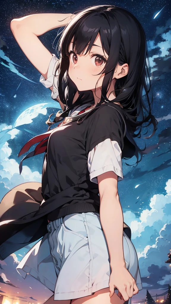 A cool black-haired Ghibli-style character looking at the night sky and reaching out towards us