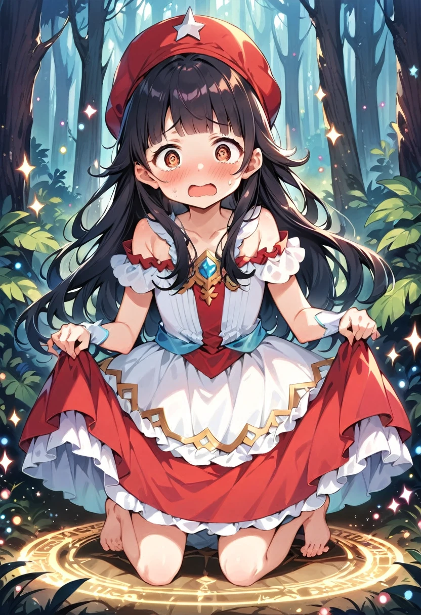 masterpiece, best quality, expressive eyes, perfect face, a man get transformed into a cute toddler princess, solo, surpriced, blushed, black hair, long hair, red baseball cap, brown eyes, full body, bare foot, in a forest, glitter, embarrassed pose, magic circle on the floor. cute dress, dress lift, cute underwear, ecchi, nsfw