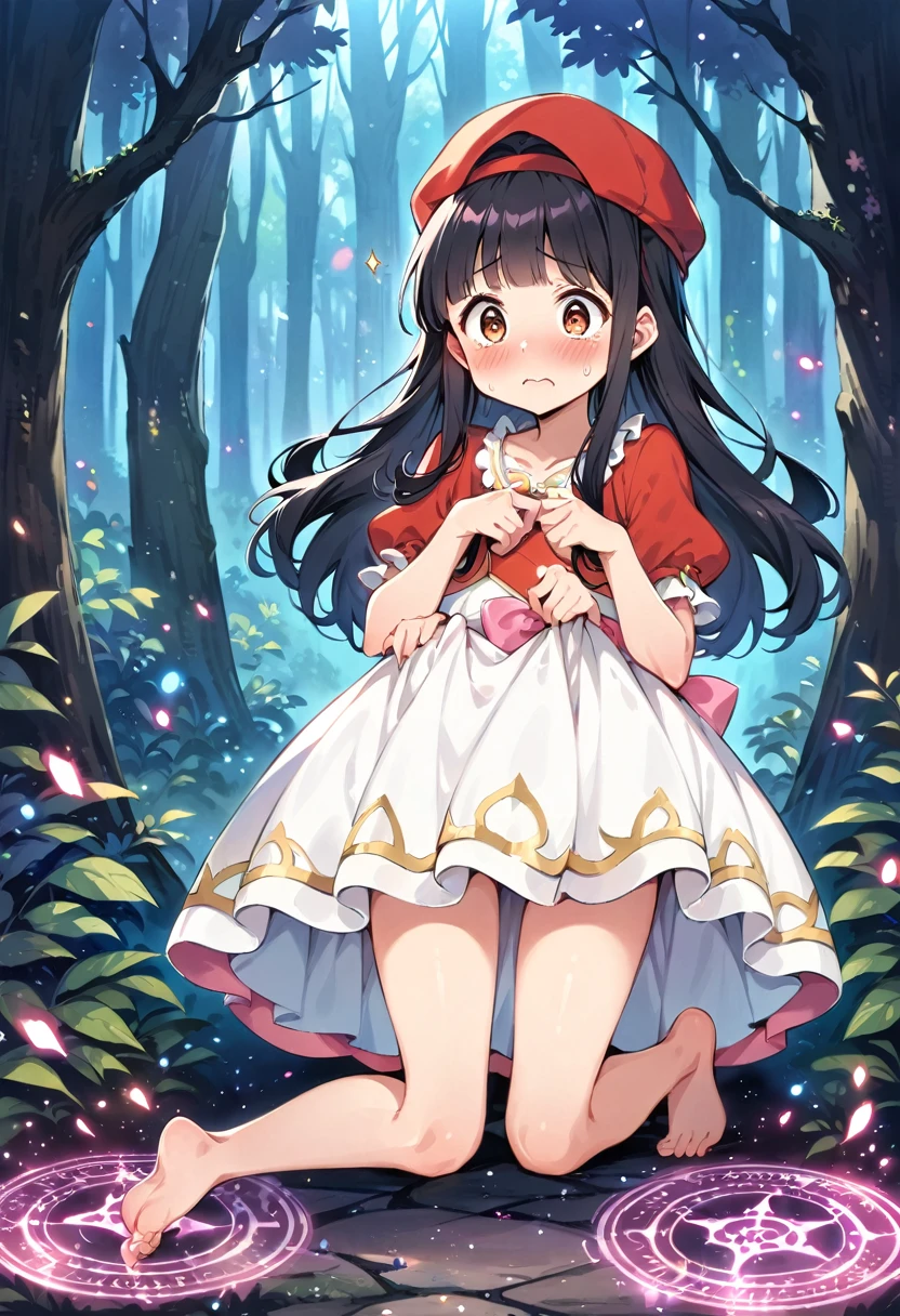 masterpiece, best quality, expressive eyes, perfect face, a man get transformed into a cute ddler princess, solo, surpriced, blushed, black hair, long hair, red baseball cap, brown eyes, full body, bare foot, in a forest, glitter, embarrassed pose, magic circle on the floor. cute pink dress, dress lift, cute underwear, ecchi, nsfw