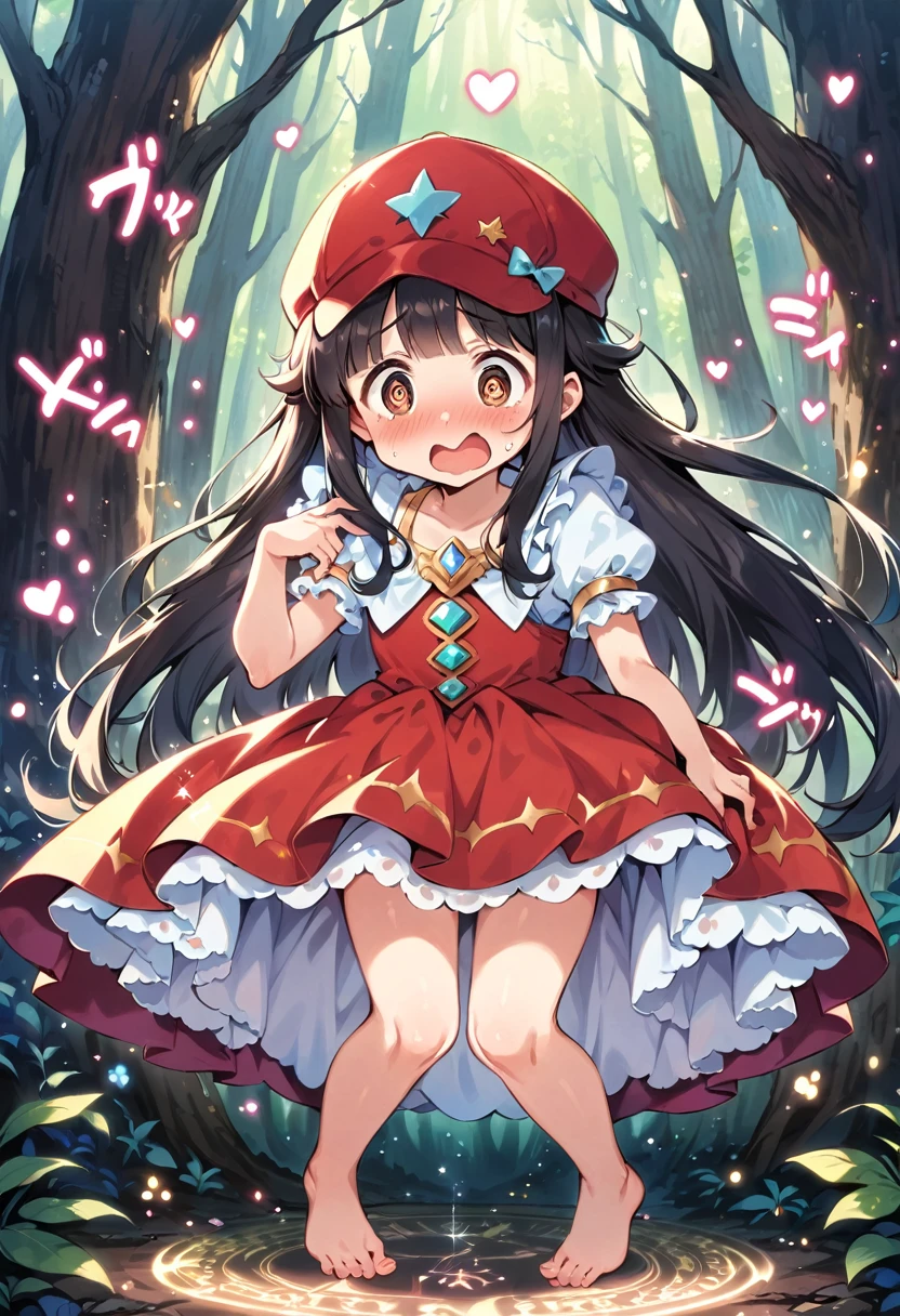 masterpiece, best quality, expressive eyes, perfect face, a man get transformed into a cute toddler princess, solo, surpriced, blushed, black hair, long hair, red baseball cap, brown eyes, full body, bare foot, in a forest, glitter, embarrassed pose, magic circle on the floor. cute dress, dress lift, cute underwear, ecchi, nsfw