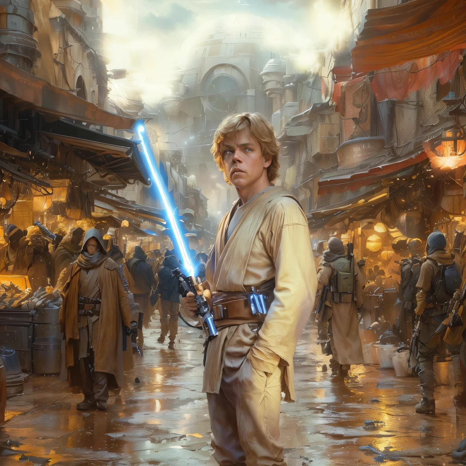 Luke Skywalker is standing in a crowded street with a light saber, lucasfilm jesper ejsing, cal kestis lightsaber wallpaper, luke skywalker, holding lightsaber 4 k, star wars digital art, with young jedi army behind him, hd star wars photo, jedi knight, star wars character, star wars universe, film still of luke skywalker