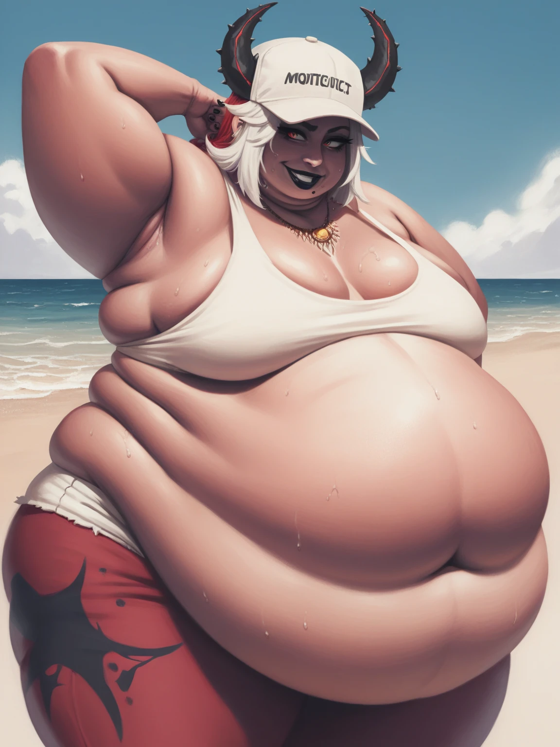 Masterpiece, perfect face, nostril piercing, black lipstick, perfect hands, Sunkissed skin all over, Thicc, black fingernails and toenails, extremely morbidly obese, black and red hair, ((wearing)), red and black top, grey sweat pants, detailed feet, voluptuous, smile, (anatomically correct), (Perfect/ realistic proportions:1.2), (overwhelmingly fat arms), ((extremely widest hips possible!)), ((extremely massive thick thighs, morbidly large belly), belly overhang!)), (1080P, 4k UHD, Masterpiece:2.1!) ((single)), background: brick