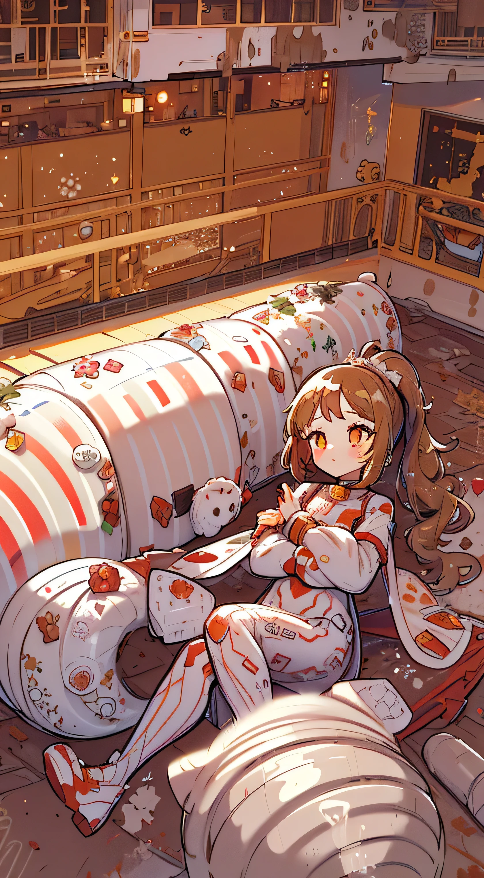 1GIRL, finely detailed, (best quality), hdr, hi res, high resolution, (masterpiece), (intricate details), cute style, ((long brown hair in ponytail)), ((plugsuit)), battle suit, ((red and white clothes)), ((mecha style clothes)), beautiful face, happy, cute face, pinup, perfect face, in futuristic city, dynamic, laying down, knees up, (curled up)