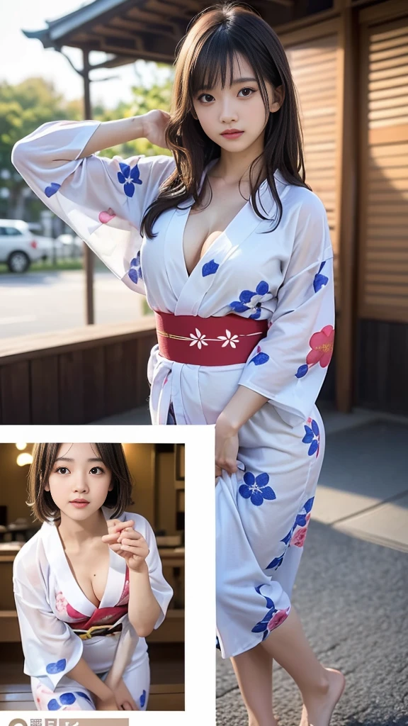 (8k, RAW Photos, Highest quality, masterpiece:1.2), (Long Bob Cut), alone, Looking at the audience, Viewed from the front, ((性欲の強めなhigh school girl:1.5))、Beautiful white skin, knees, Absurd face is small, Part your bangs down the middle, The forehead is visible, Glare, ((Cute angry face:1.3)), Ultra-high resolution, cute, (exterior々Colorful and sexy floral yukata:1.5), high school girl, (Baby Face:1.5), Japanese women, Are standing, (Photorealistic:1.37), Photon Mapping, Realistic, cute顔が小さい, Brown eyes, prospect, Written boundary depth, Blurred Background, (I can see the bangs), Silky smooth hair, Beautiful thin thighs, Small beautiful butt, Light clothing, thigh, Nogizaka idol, Idol, (Detailed hands:1.2, Accurate hands, Beautiful little hands of a girl:1.3), (Small beautiful breasts:1.5, Cleavage), Super quality, Low people, (Clear white skin, Skin with visible pores:1.2), (Focus on the face), Check and correct the garment construction, (Perfect Anatomy:1.3), (Detailed eyes and face:1.2, Professional photography techniques)