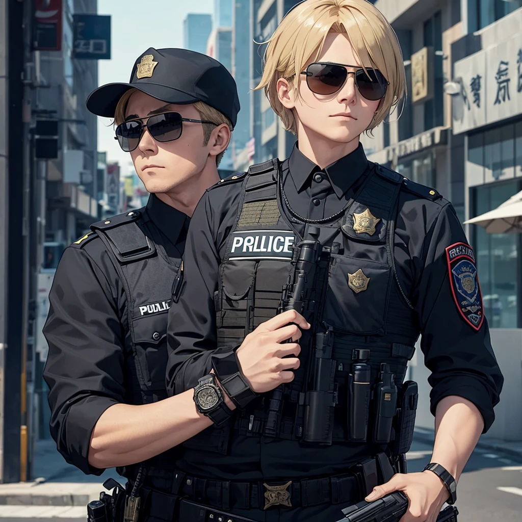 Corrupt police officer with sunglasses and a scar on his left eye horizontally , wearing a bulletproof vest and police clothing, holding a pistol, 独奏, hair blonde, On patrol