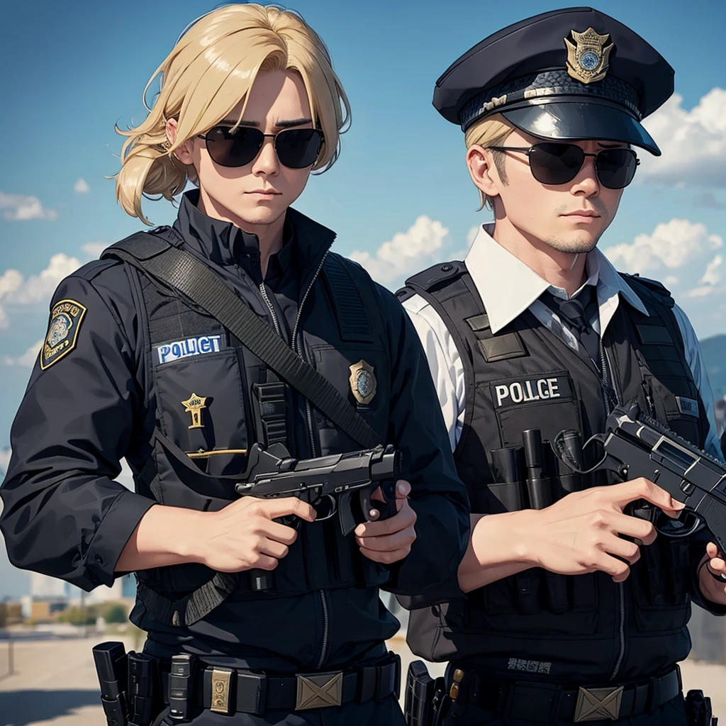 Corrupt police officer with sunglasses and a scar on his left eye horizontally , wearing a bulletproof vest and police clothing, holding a pistol, 独奏, hair blonde, On patrol