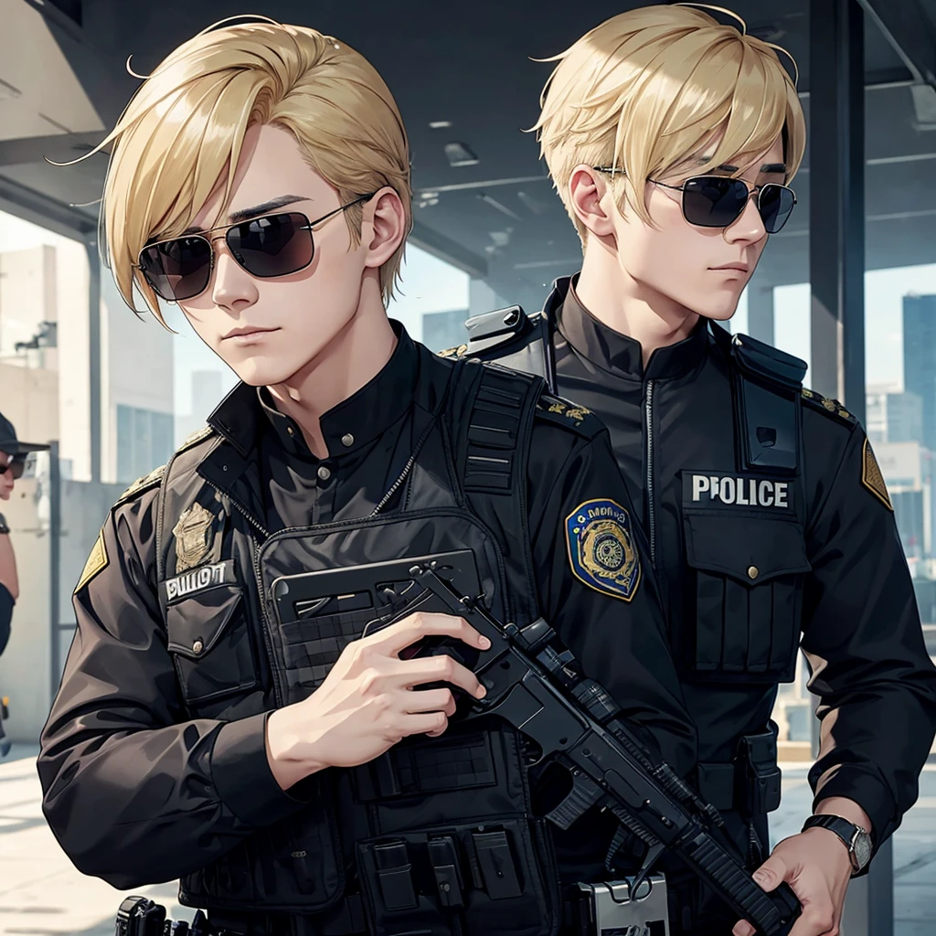 Corrupt police officer with sunglasses and a scar on his left eye horizontally , wearing a bulletproof vest and police clothing, holding a pistol, 独奏, hair blonde, On patrol