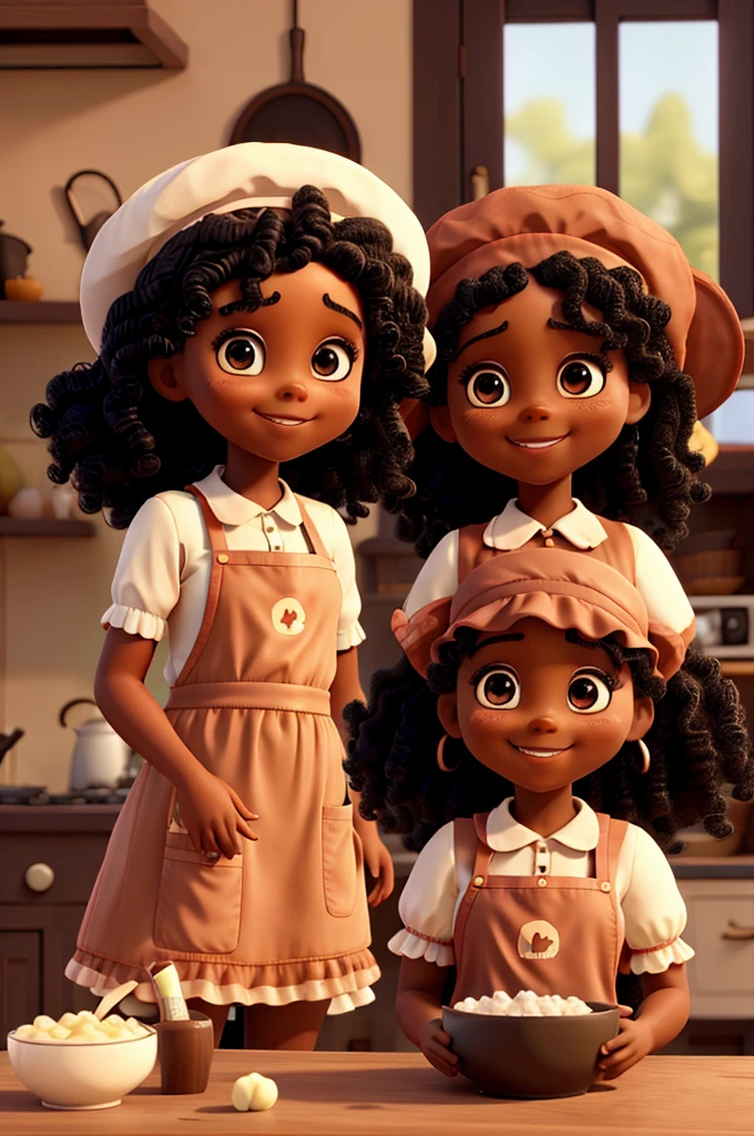 Just Two black dolls with curly hair, Grinning, with apron and confectioners hat making sweets