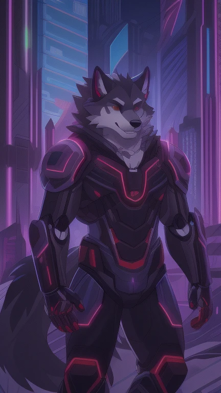 (best quality,highres:1.2),digital art,wolf character with red eyes,cyborg golden armor,anthropomorphic,detailed fur,city of the future in the background,glowing neon lights,futuristic architecture,contrasting colors,mechanical elements,high-tech atmosphere