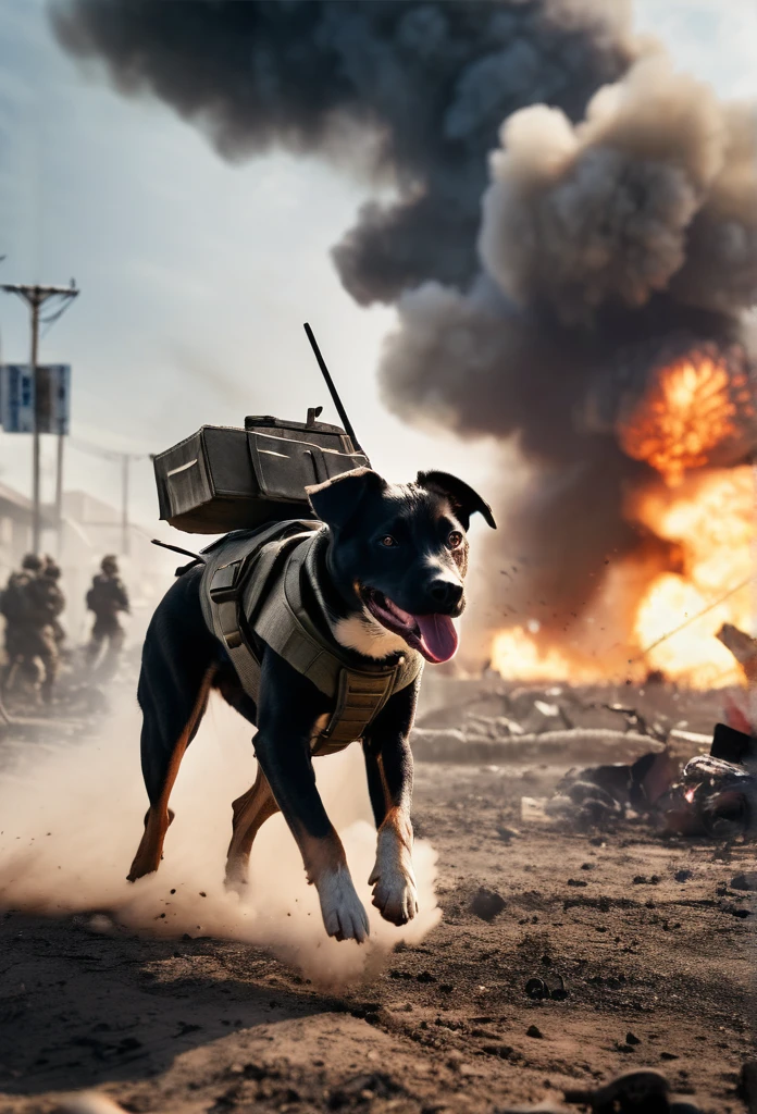 **Description for Creating an Image: "The Fighter Dog in an Epic Battle"**
**Title:** "The Little Fighter: Unyielding Courage"
**Image Details:**
- **Scene:** A modern battlefield filled with smoke, fire, and explosions.
- **Dog:** A small dog in modern camouflage combat gear, standing bravely amidst the chaos, showing signs of fatigue and wounds.
- **Background:** Explosions and gunfire, with smoke filling the sky and debris flying around.
- **Details:** Film grain adds a realistic cinematic touch, captured in insanely detailed 8K UHD.
**Tagline:**
"Unyielding Courage: The Little Fighter in an Epic Battle"