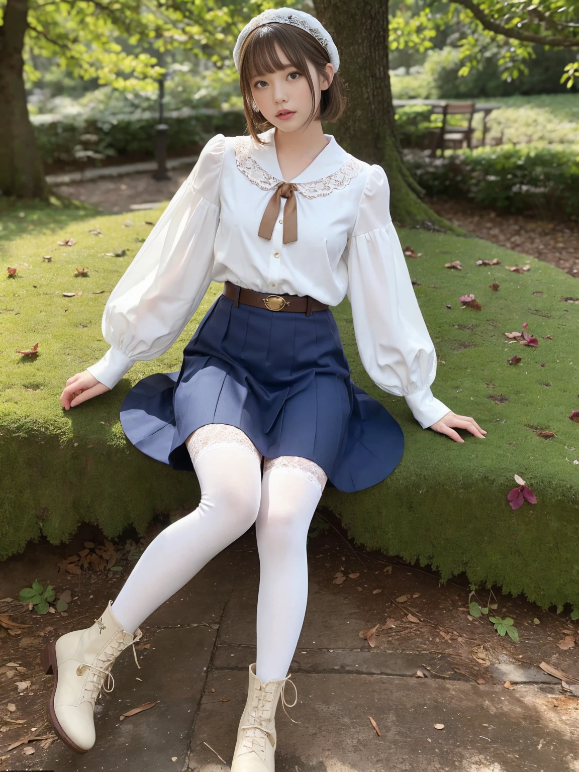 (1woman), short bob, 28 years old, Japanese, brown eyes, brown hair, slim figure, flat chest,
Blake
//Fashion
High school girl in an enchanted forest
The elegance of a Japanese high  with whimsical elements inspired by deer, the outfit features a traditional navy blue pleated skirt that reaches mid-thigh, paired with a white blouse with a sailor collar decorated with delicate leaf embroidery in earth green, the blouse has puff sleeves for added femininity, the waist is tightened with a brown leather belt that imitates a forest ranger utility belt, and a navy blue tie with a small gold leaf pendant around the neck,
Blake
A realistic and delicately curved deer antler headband, accented with small flowers and moss for a fairy-tale feel, white knee-high socks with lace trim and brown ankle boots decorated with a leaf pattern,