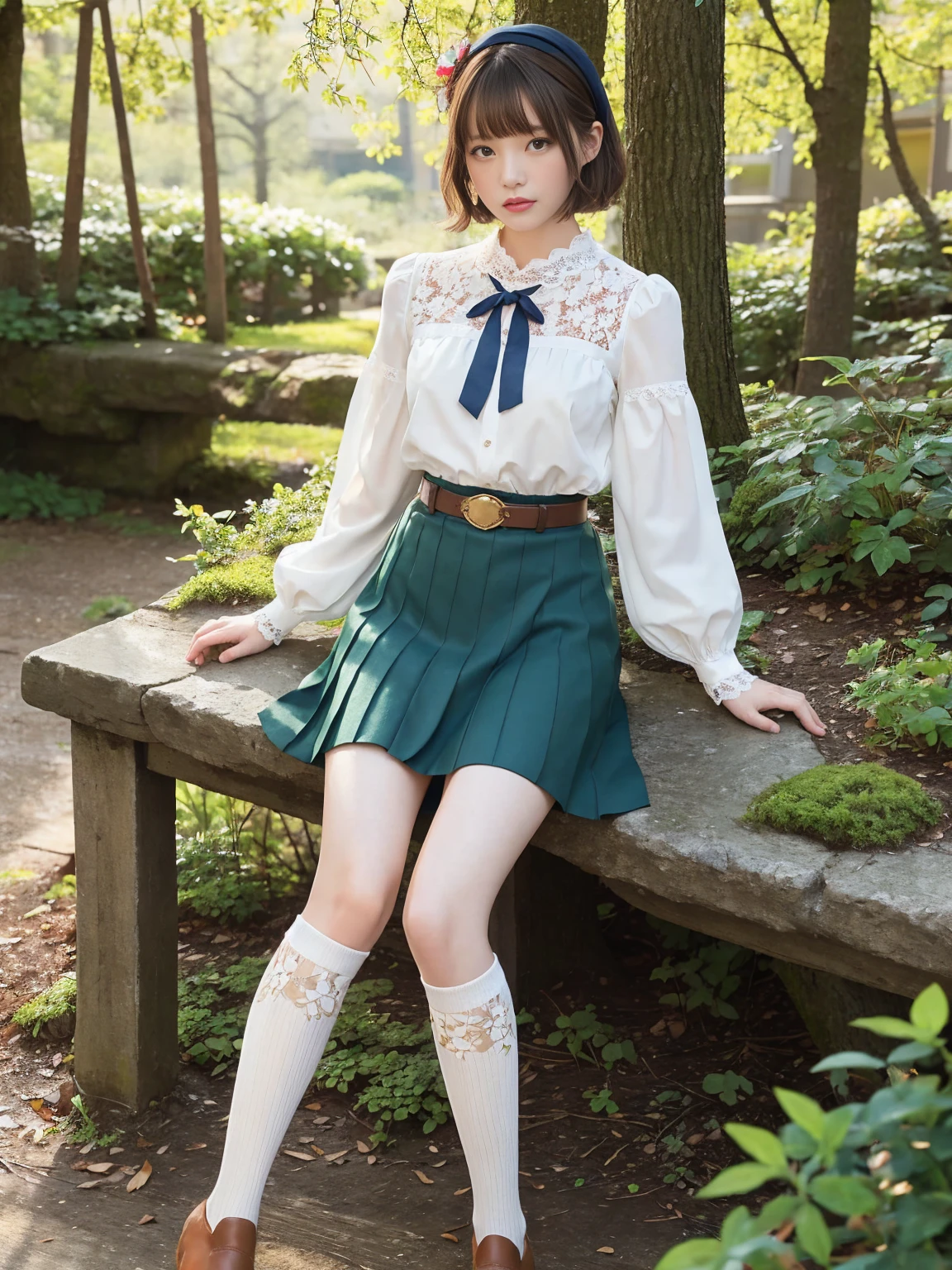 (1woman), short bob, 28 years old, Japanese, brown eyes, brown hair, slim figure, flat chest,
Blake
//Fashion
High school girl in an enchanted forest
The elegance of a Japanese high with whimsical elements inspired by deer, the outfit features a traditional navy blue pleated skirt that reaches mid-thigh, paired with a white blouse with a sailor collar decorated with delicate leaf embroidery in earth green, the blouse has puff sleeves for added femininity, the waist is tightened with a brown leather belt that imitates a forest ranger utility belt, and a navy blue tie with a small gold leaf pendant around the neck,
Blake
A realistic and delicately curved deer antler headband, accented with small flowers and moss for a fairy-tale feel, white knee-high socks with lace trim and brown ankle boots decorated with a leaf pattern,