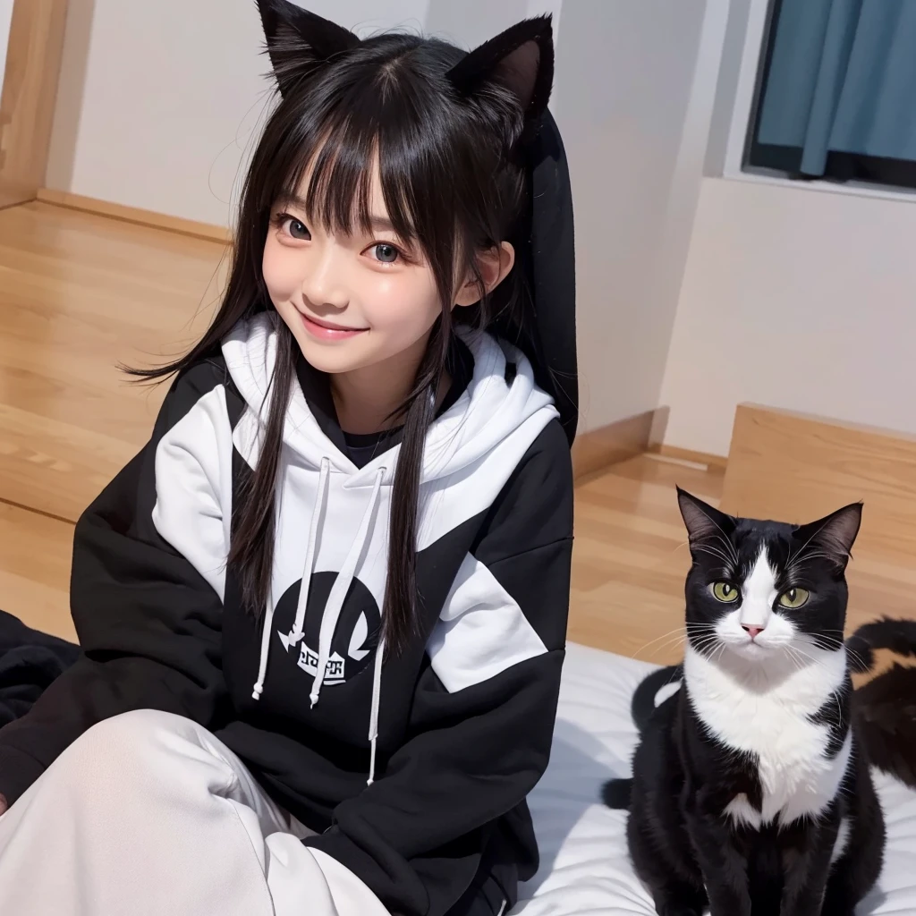 Masterpiece、One Girl、black、hoodie、Chuunibyou、On the bed、Cat ear、Shy、smile、Gloss