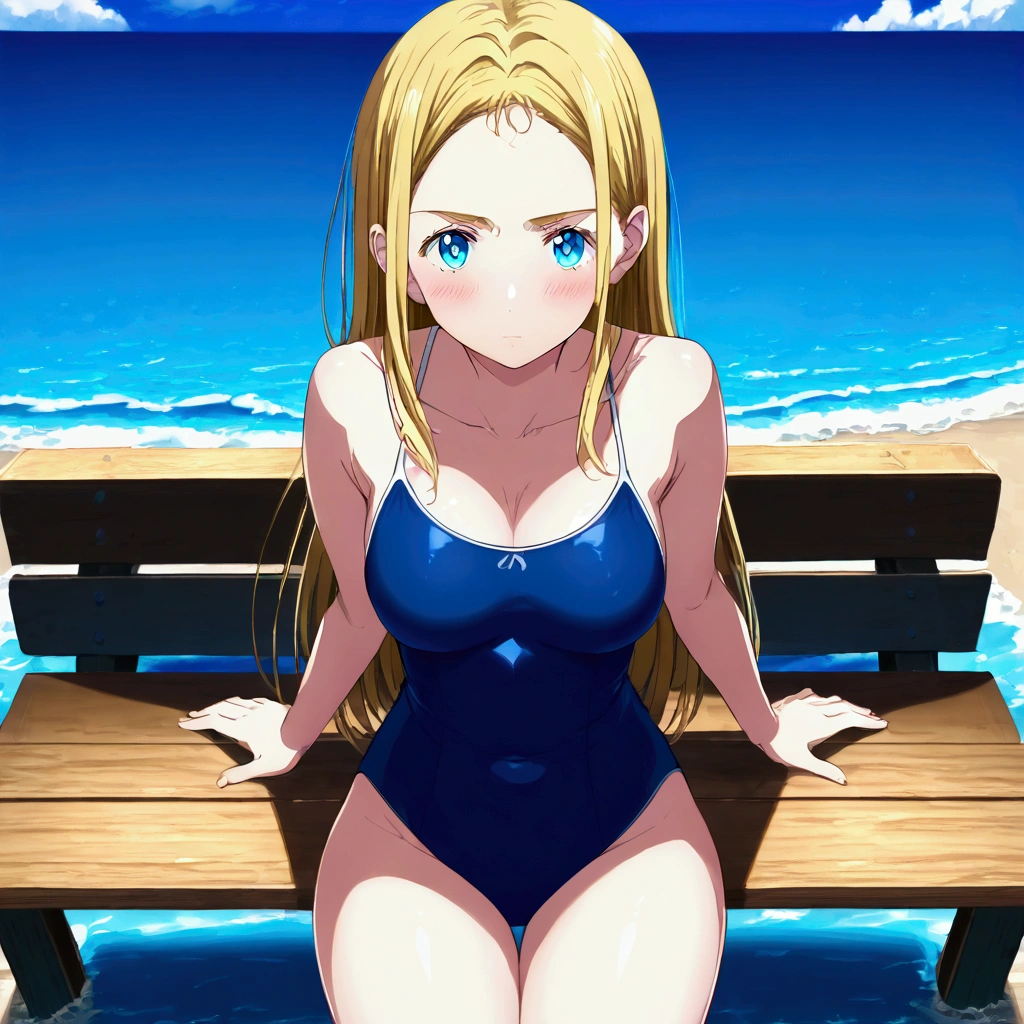 (anime artwork:1.5), best quality, 1girl, solo, Sitting on wooden bench by the beach, looking at viewer, blue one-piece swimsuit, blush,