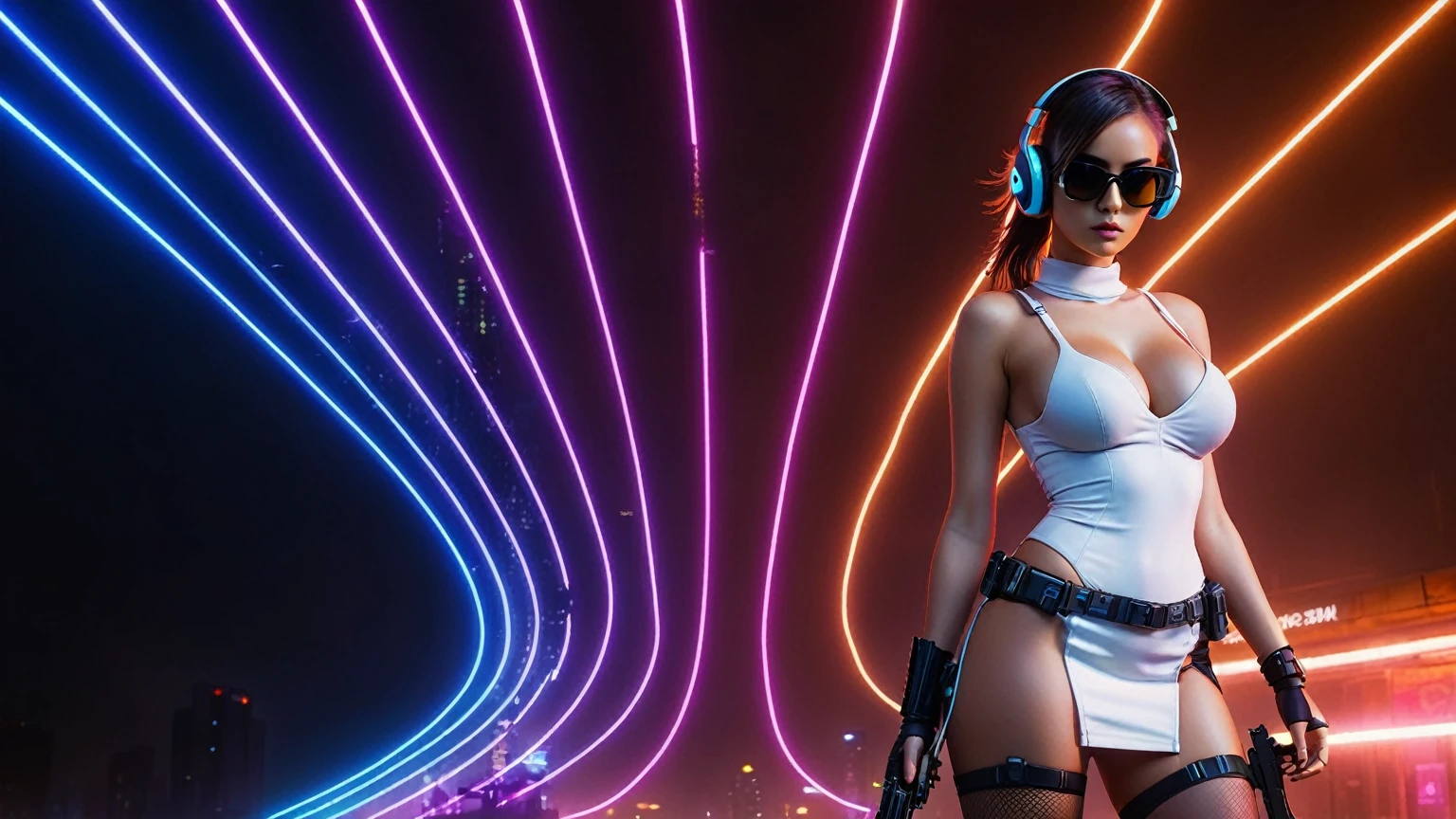 dark futuristic landscape, at night, neon lights, Atmospheric fog, large buildings in the background, futuristic city, streets with open shops, skyscraper (postapocalyptic city:1.3). (((1girl, solo, alone))), large-breast:1.2 slim body, cleavage:1.1, sexy miniskirt, (((headphone, black sunglasses, standing and holding pistol pose))), (((half-body thigh level medium shot))), cinematic lighting, lens flare, ray tracing.