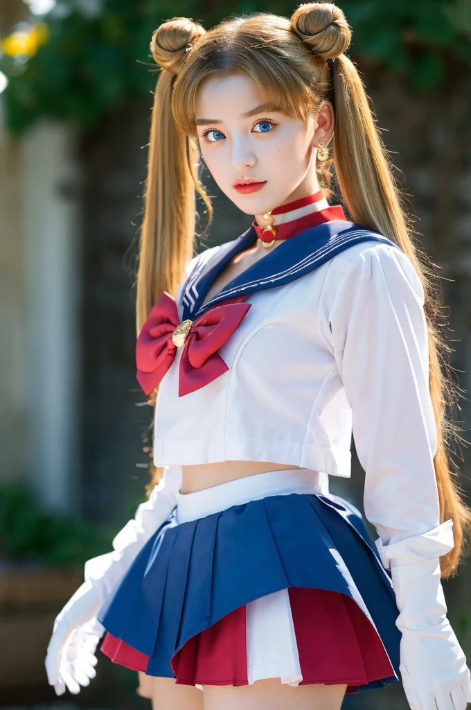 masterpiece, Highest quality, Sailor Moon,One girl, Long Hair,jewelry, Sailor Warrior Uniform, Blue sailor collar,Blonde, Red choker,White gloves, Twin tails, Red Bow, Blue Skirt, blue eyes, Hair Bun,