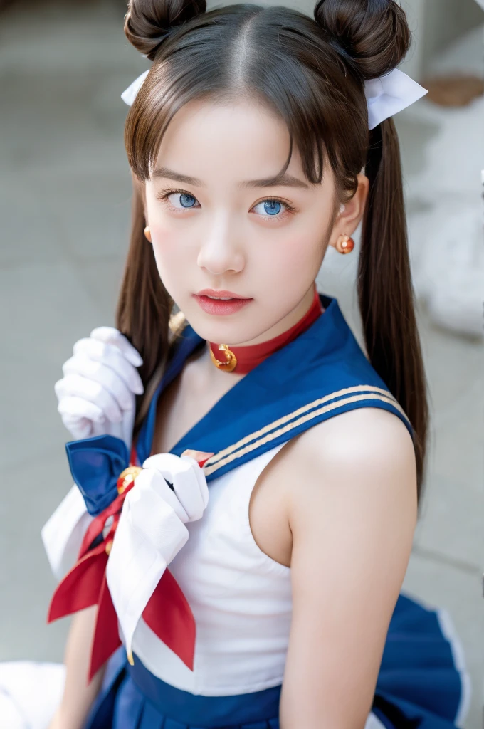 masterpiece, Highest quality, Sailor Moon,One girl, Long Hair,jewelry, Sailor Warrior Uniform, Blue sailor collar,Blonde, Red choker,White gloves, Twin tails, Red Bow, Blue Skirt, blue eyes, Hair Bun,