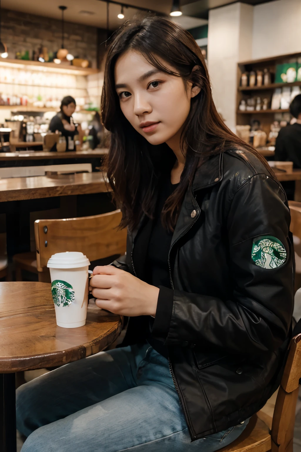 Masterpiece, best image,korean,1guy,Starbucks,dating,holding coffee,,seating,Blackjacket