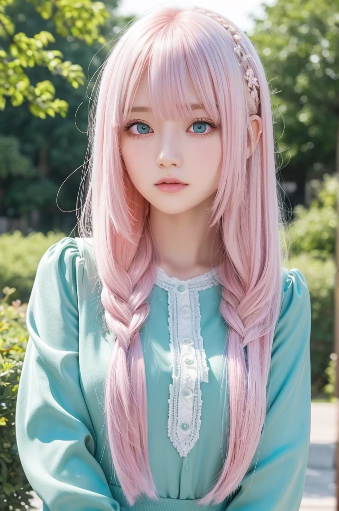 Her hair color is white with a pinkish reddish highlight.？The hairstyle is long and arranged, the bangs are down, the eye color is emerald green or blue, the girl looks to be between  and 25 years old, with an anime style, and the outfit is fine as long as it suits her, and the composition is bust-up.