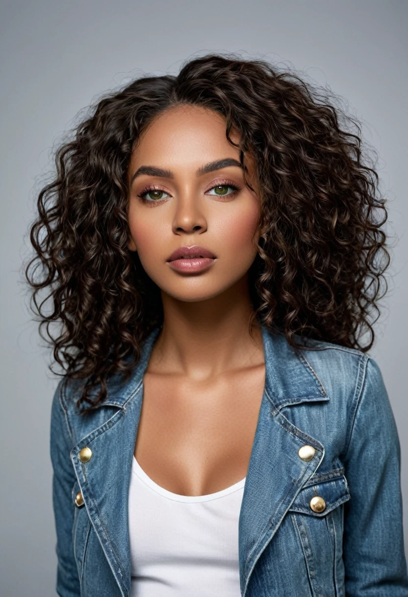 Photo Plongée (from bottom to top) angle highlight the height of the buildings and create a feeling of grandeur. Woman was wearing jeans, white shirt and denim jacket. Completely Arafed woman with green eyes, eyes open and head held high. Confident pose, confident pose, beautiful young black woman with dark skin, Brazilian mixed race black woman, beautiful 30 year old Afro-Latina girl, beautiful African and Latin woman, Brazilian and Angolan descent, a black woman, mixing African and indigenous features, a unique mix of indigenous, African and European ebony. The hair is extremely curly, with well-defined and voluminous curls. The natural texture. Her hair is long, falling in voluminous waves around her shoulders and down her back. The hair has a lot of volume, creating a full, dense appearance. The hair is black. green eyes, eye is green, green and expressive eyes, beautiful green eyes, realistic green eyes, detailed green eyes (eyeliner, long eyelashes). Perfect eyebrows and are thick. the nose is small and proportional, beautiful face. Attractive and irresistible mouth, well-defined lips, full lips, voluminous lips, seductive lips. The face is oval, with high cheekbones and a well-defined chin, a beautiful and detailed face. Professional, dramatic makeup, a more impactful look with shadows that accentuate the captivating look, Striking makeup, with eyeliner, black lipstick. Skin tone: Olive skin, healthy and with uniform shine, with olive skin, dark skin, sexy girl with skin brunette, detailed skin texture, beautiful and glowing skin, intricate details, smooth skin, healthy and radiant appearance. A woman has a well-defined and athletic body. Her silhouette is shapely, highlighting a thin waist in contrast to fuller hips and bust. She has a prominent bust, with large, firm breasts, silicone breasts, voluminous breasts. Thin waist. The hips are wide and well-defined, with a pronounced hourglass shape and a large butt. The legs are long and muscular, with well-defi