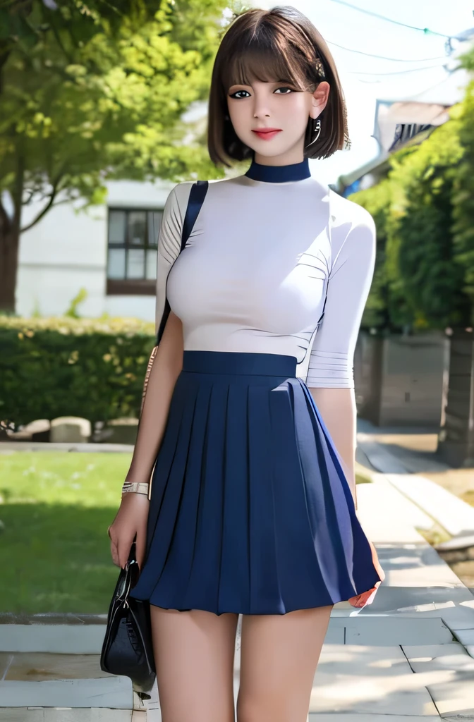 Highest quality, masterpiece, Idol Group、((Layered Haircut)),(8k,Highest quality),Full Body Shot,Shot from medium distances,student,Tight white open-neck shirt、Wear a navy blue pleated mini skirt,Full body photo、 Adorable,smile, Light brown hair, 32k, Best image quality,Ultra-high resolution,Perfect hands,Black choker、blue eyes、bangs、Very profuse and very long eyelashes、uniform, grass、garden、Summer clothes、((Big Breasts))、
